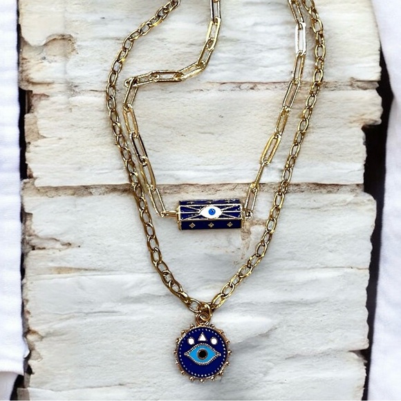 Gold toned and Blue Evil Eye Necklace Set Layer or wear alone - Picture 6 of 16